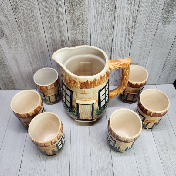Vintage Japanese Thatched Cottage Ware Juice Pitcher & Cups Ceramics SET - Picture 2 of 10